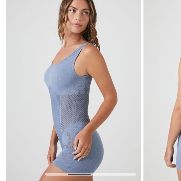 Blue ribbed bodysuit active romper mesh lace sides - Picture 2 of 4